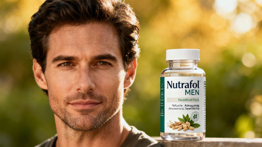 Nutrafol for Men bottle and healthy hair.