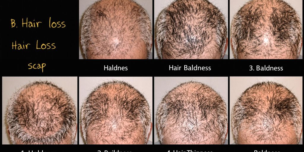 Close-up of diverse hair loss patterns on a scalp.