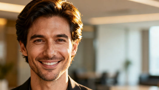 Man with full, healthy hair smiling confidently.