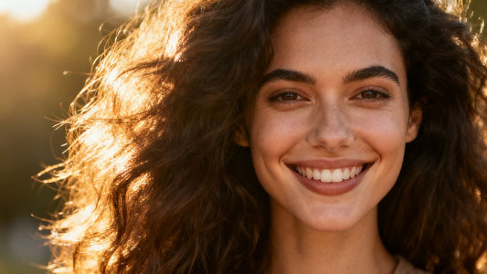 Woman with healthy, thick hair smiling confidently.