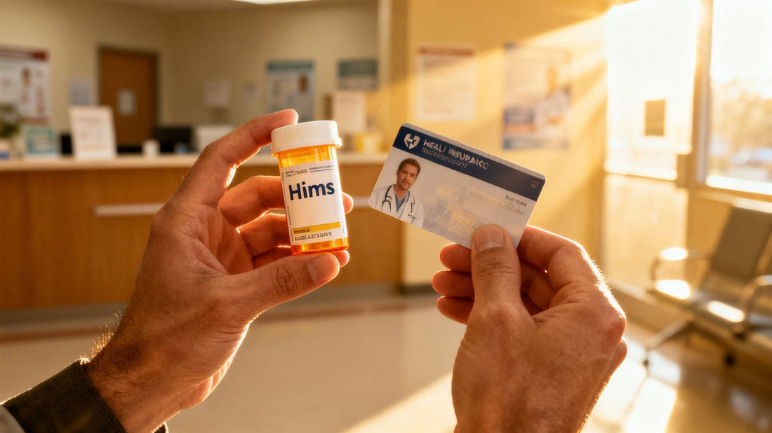 Hims prescription bottle and insurance card