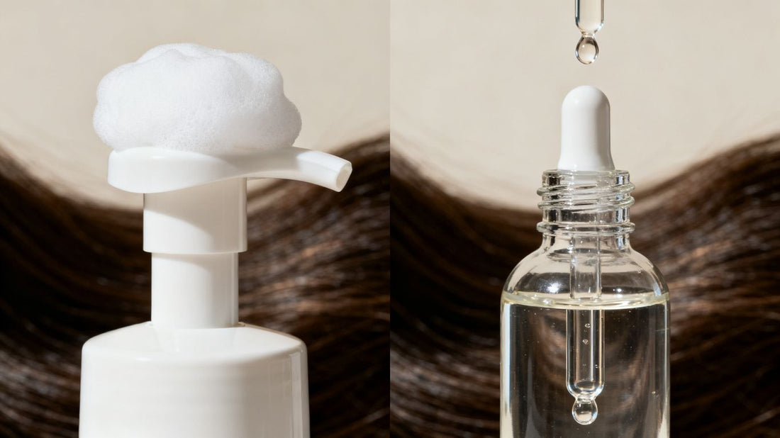 Foam and liquid minoxidil bottles for hair growth comparison.