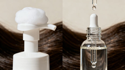 Foam and liquid minoxidil bottles for hair growth comparison.