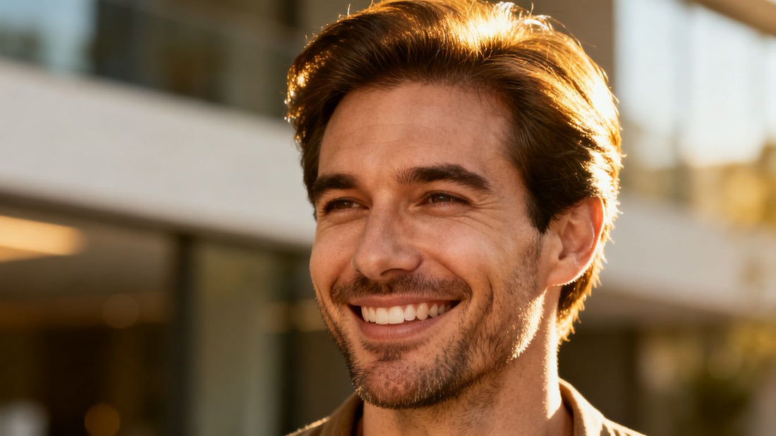 Man with thicker, fuller hair smiling confidently.