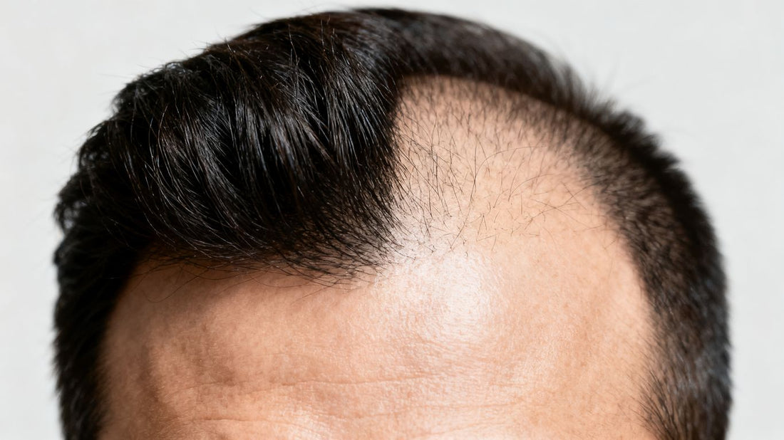 Man's head showing hair loss treatment options.