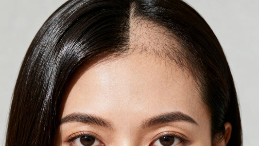 Woman with thinning and healthy hair side by side