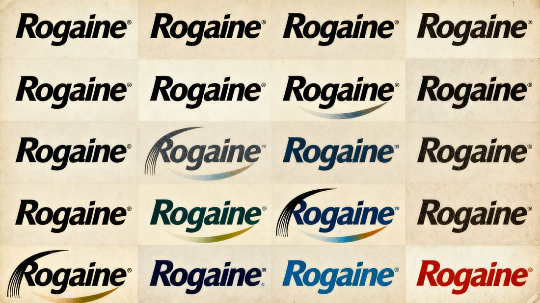Rogaine logo evolution across different historical periods.