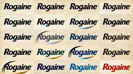 Rogaine logo evolution across different historical periods.