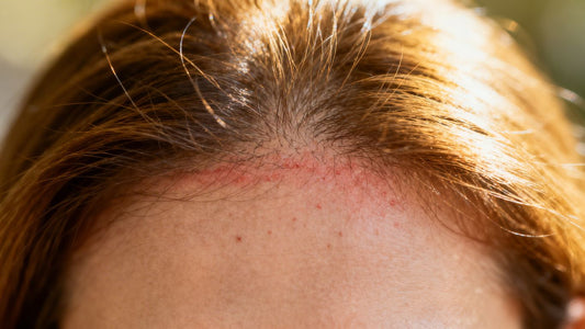 Woman's scalp showing subtle hair thinning at the hairline.