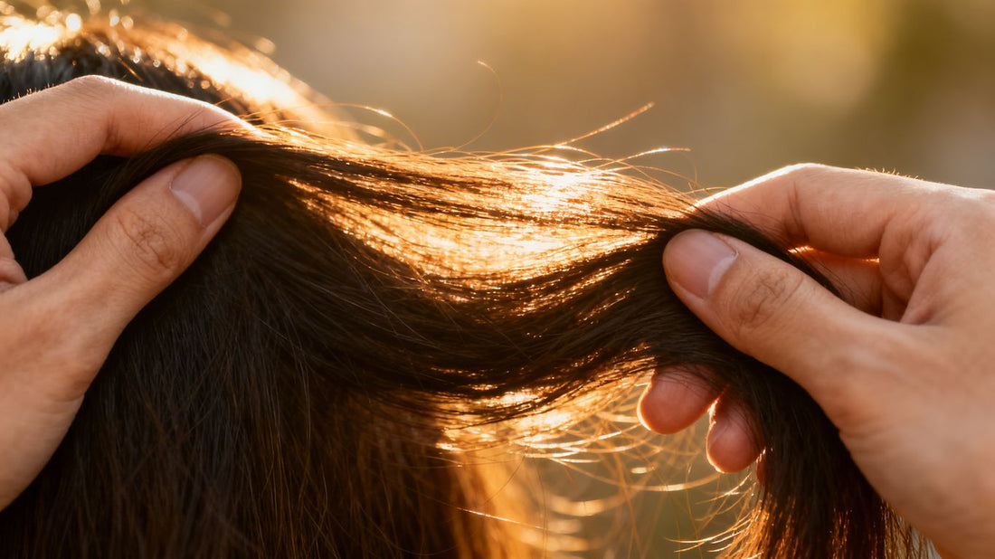 Hands thinning thick, healthy hair at home.