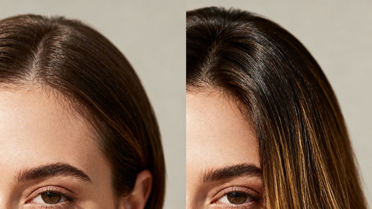 Woman's hair transformation before and after Nutrafol.