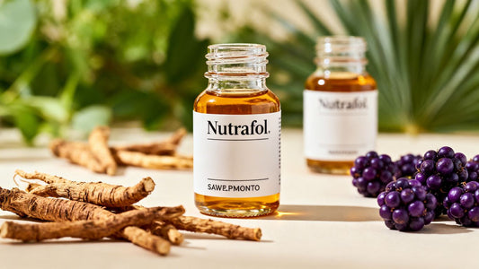 Nutrafol bottles and natural hair growth ingredients.
