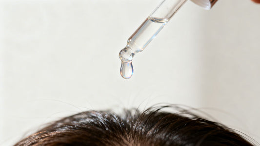 Rogaine dropper applying liquid to scalp for hair regrowth.