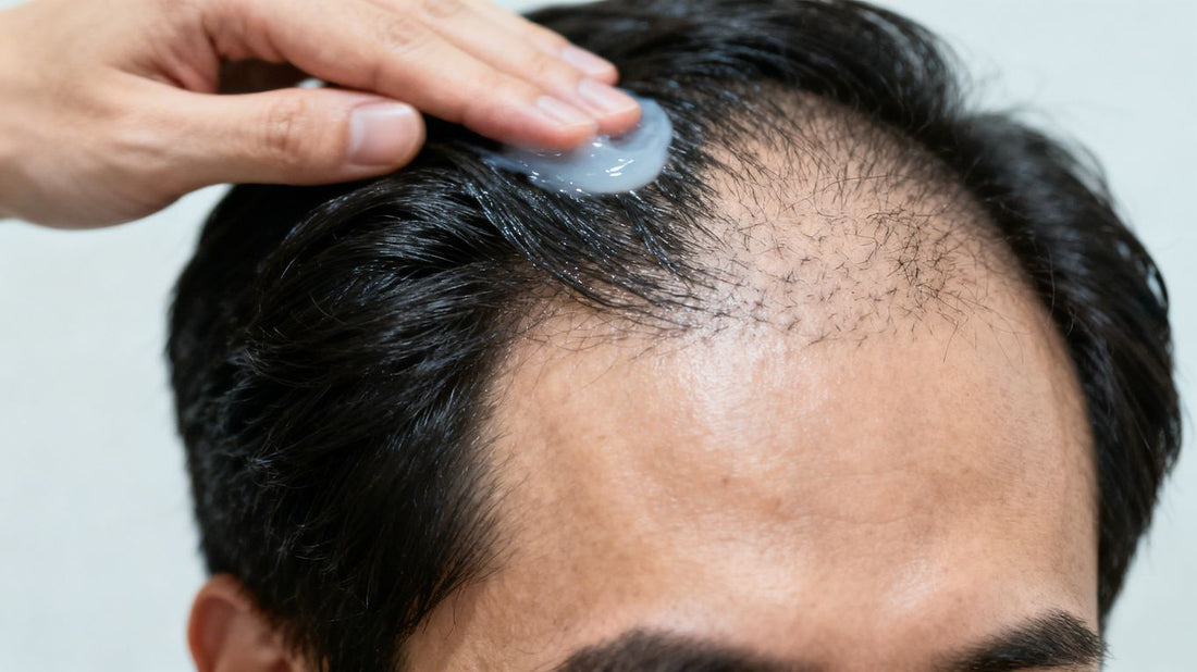 Man with hair gel, one side full, other side thinning.