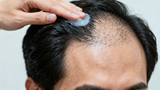 Man with hair gel, one side full, other side thinning.