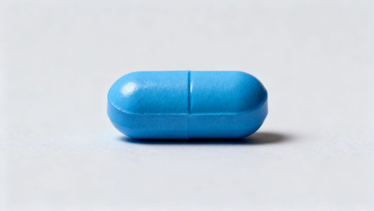 Single blue Viagra pill on a neutral background.