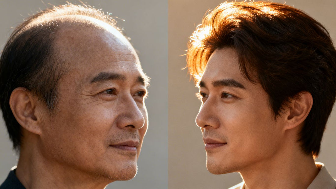 Person's hair before and after Nutrafol treatment.