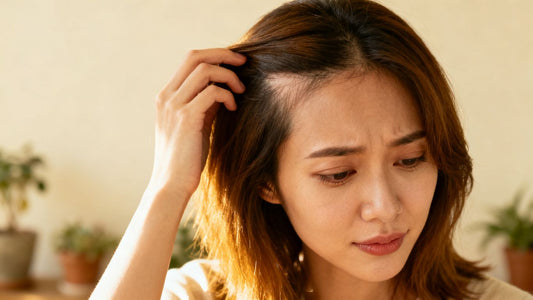 Woman concerned about postpartum hair loss