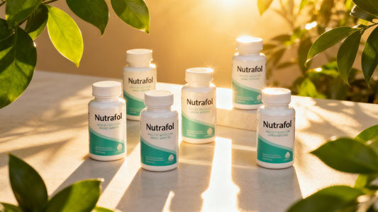 Nutrafol bottles on display with natural elements.