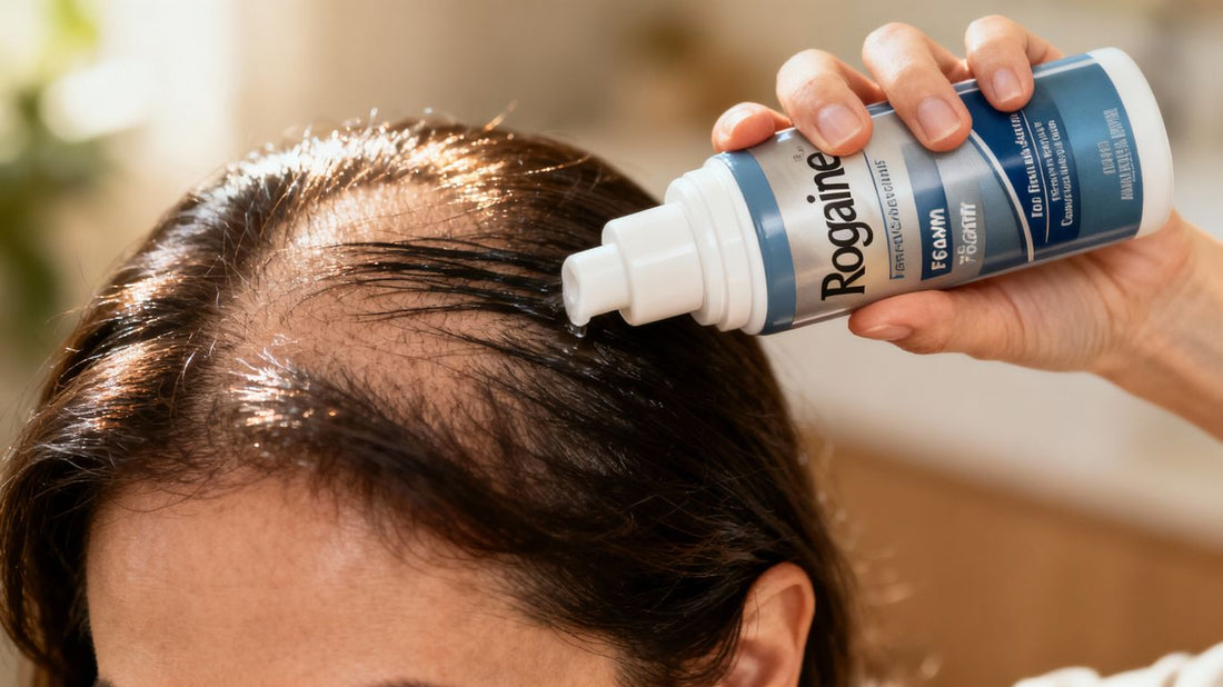 Woman with thinning hair using Rogaine foam.