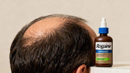 Man's head with receding hairline and Rogaine bottle.