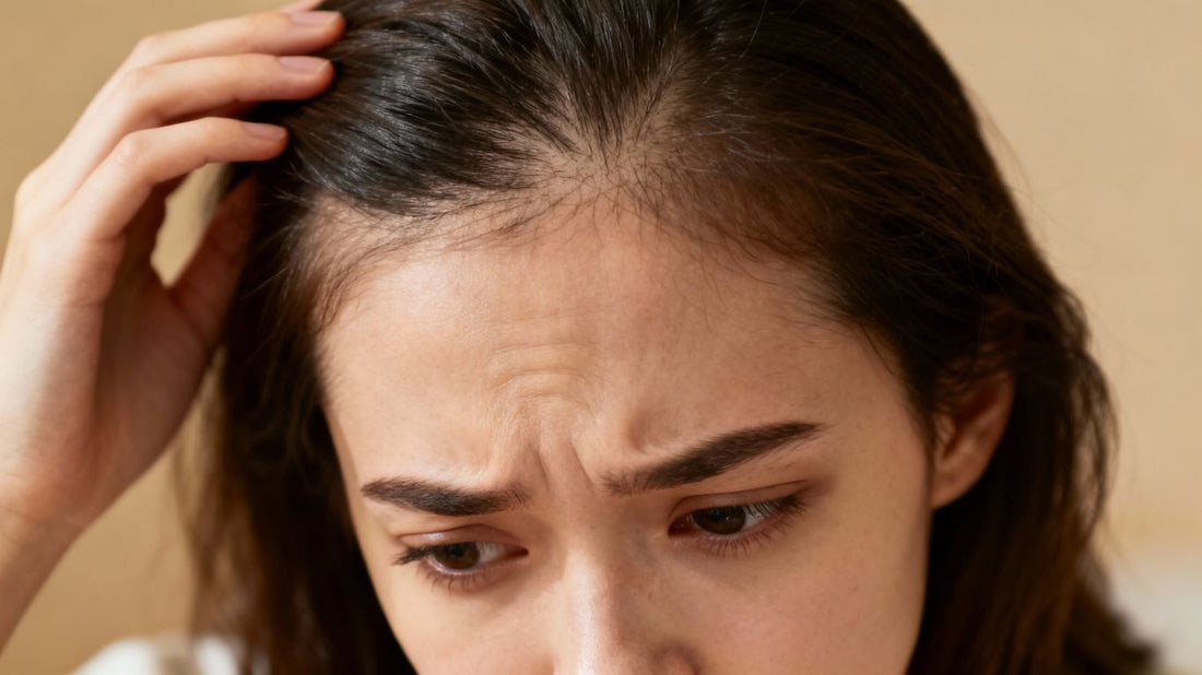 Young woman concerned about thinning hair in her 20s.