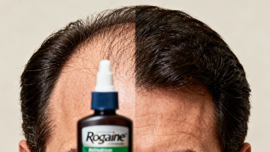 Man's hair regrowth comparison with Rogaine bottle.