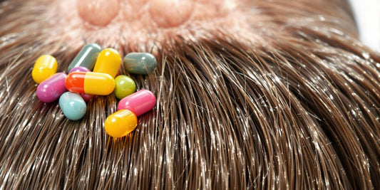 Shiny hair strands, vibrant vitamins, healthy scalp, strong follicles.