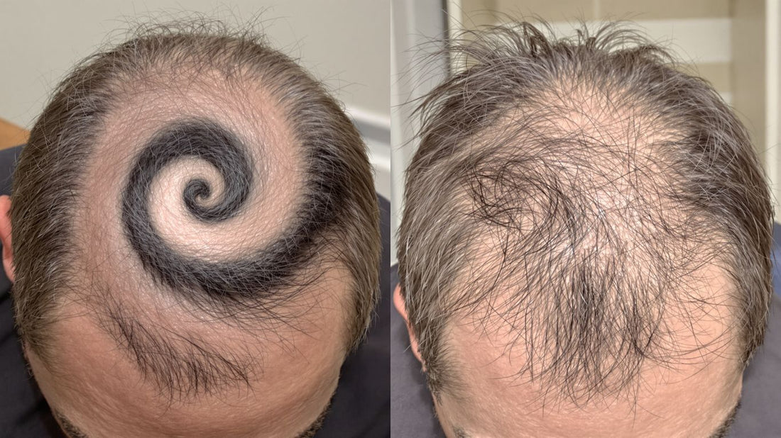 Scalp showing hair whorl and thinning hair patterns.