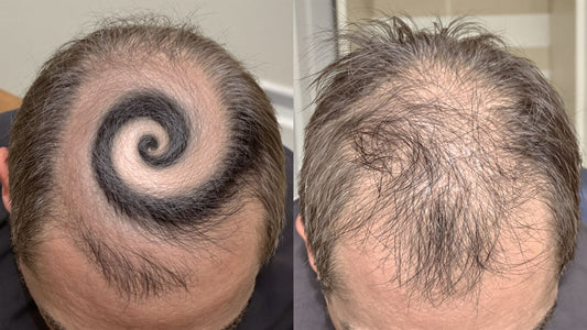 Scalp showing hair whorl and thinning hair patterns.