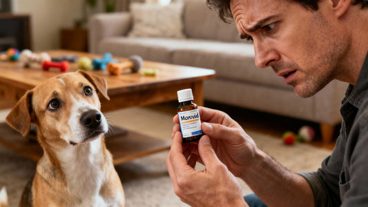Dog owner and Minoxidil bottle with concerned dog.