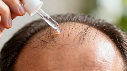 Applying Rogaine minoxidil for hair regrowth.