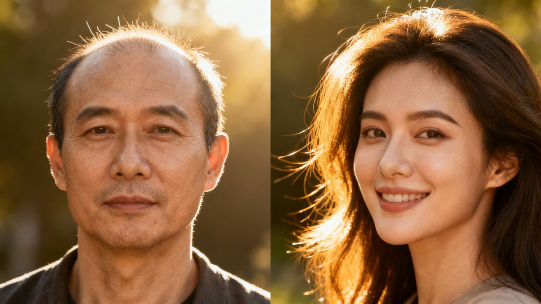 Person's hair transformation over time.