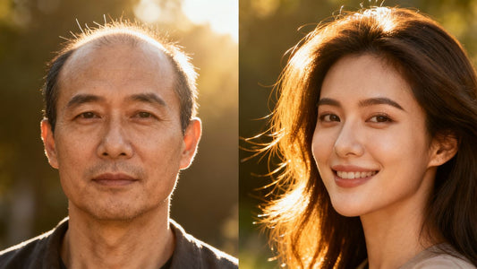 Person's hair transformation over time.