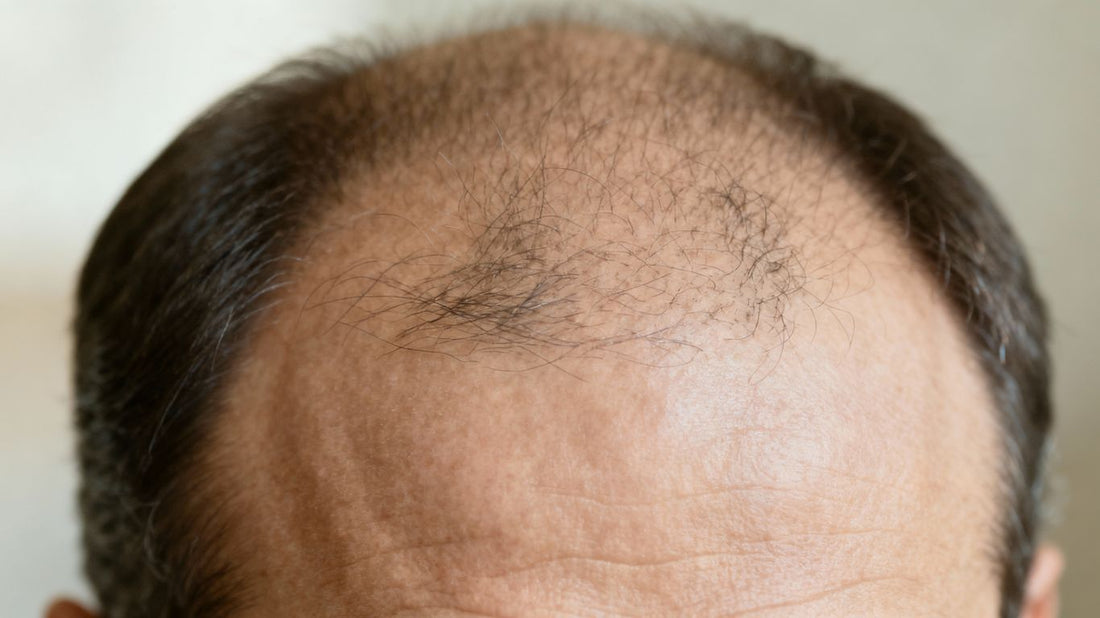 Man's head showing receding hairline and thinning hair.